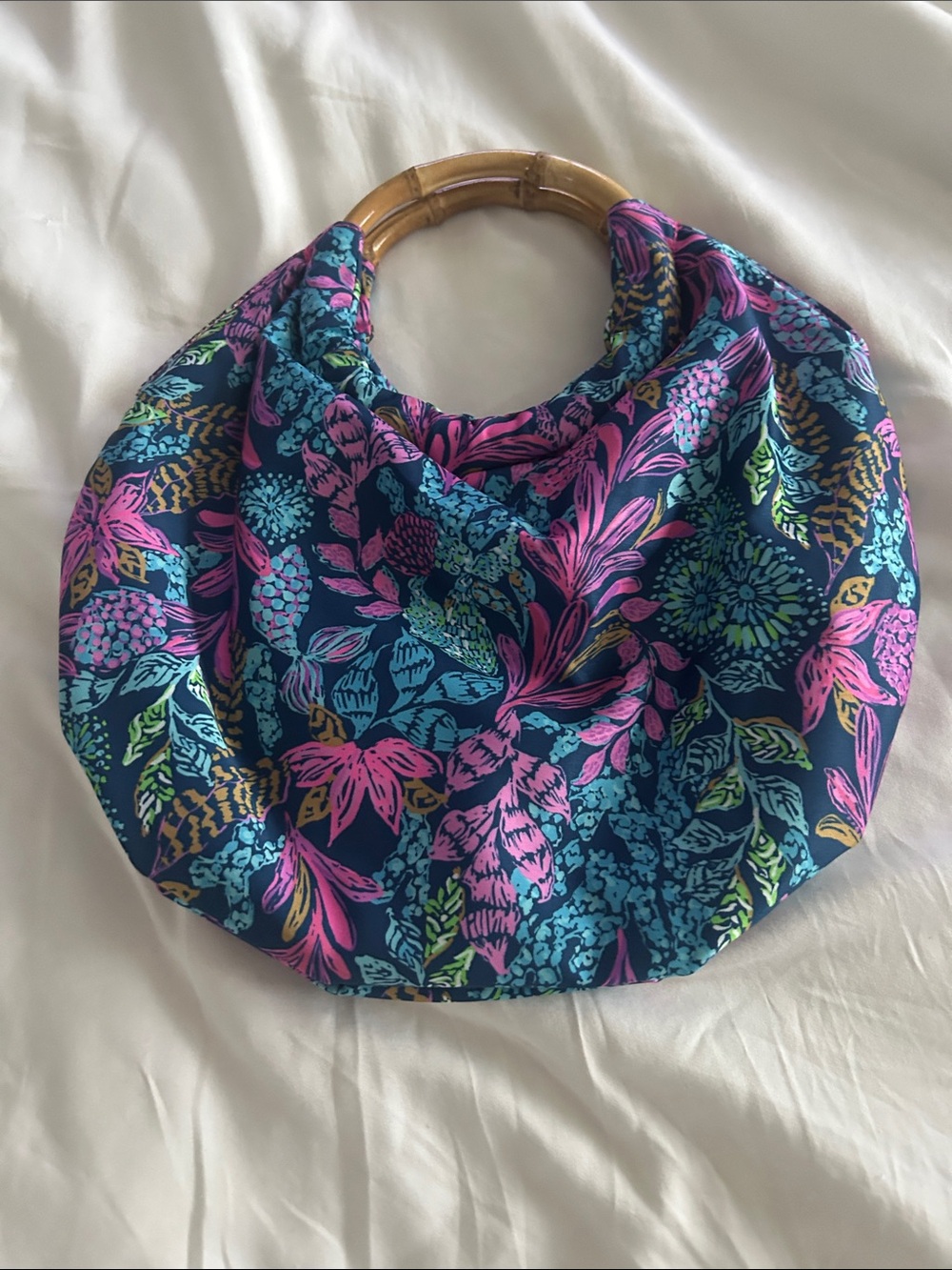 Floral Bamboo-Handle Tote Bag in Navy, Pink & Teal